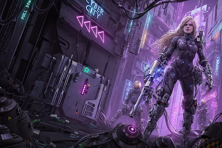 science fiction, artwork, women, futuristic armor, futuristic city, blonde, neon, weapon, HD wallpaper
