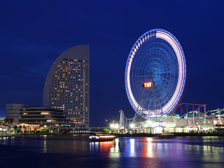 Night Building Tokyo Ferris Wheel Ocean Boat HD, океан, нощ, градски пейзаж, сграда, лодка, колело, ферис, Токио, HD тапет
