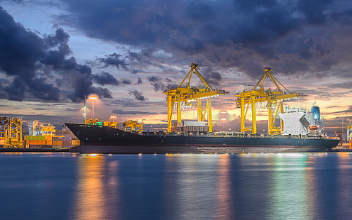 dusk, industrial, ship, cargo, crane, shipyard, logistic, HD wallpaper HD wallpaper
