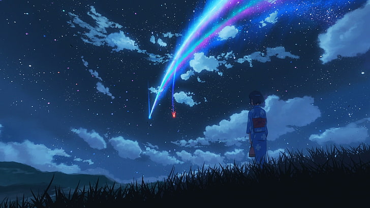 Твое имя, аниме-сцена фильма, Кими но На Ва, Макото Синкай, звездная ночь, комета, HD обои