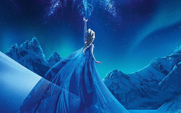 Elsa from Frozen, Princess Elsa, animated movies, movies, Disney, Frozen (movie), glaciers, snow, polar night, night, mountains, HD wallpaper