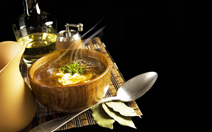 brown ceramic bowl and stainless steel spoonm, soup, parsley, sour cream, spoon, bay leaf, jug, table, HD wallpaper