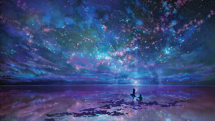stars and calm body of water painting, artwork, fantasy art, stars, sea, HD wallpaper