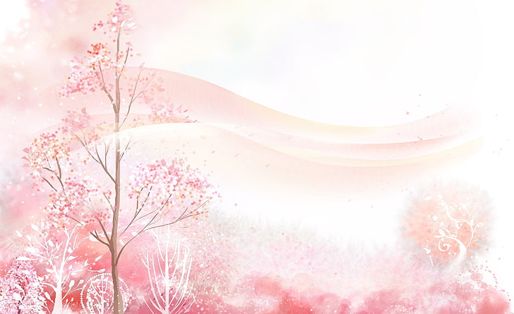 2D Digital Art 38, белое и розовое лиственное дерево, художественное, рисунки, цифровое, HD обои
