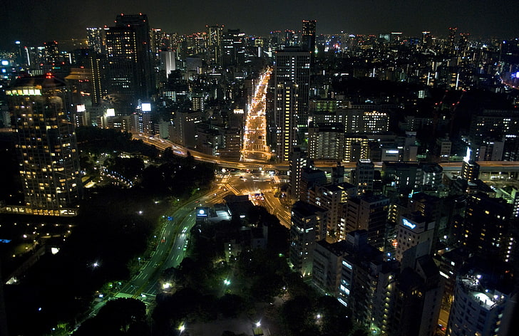 фото городских зданий в ночное время, Азия, Япония, Токио, городской пейзаж, ночь, огни, HD обои