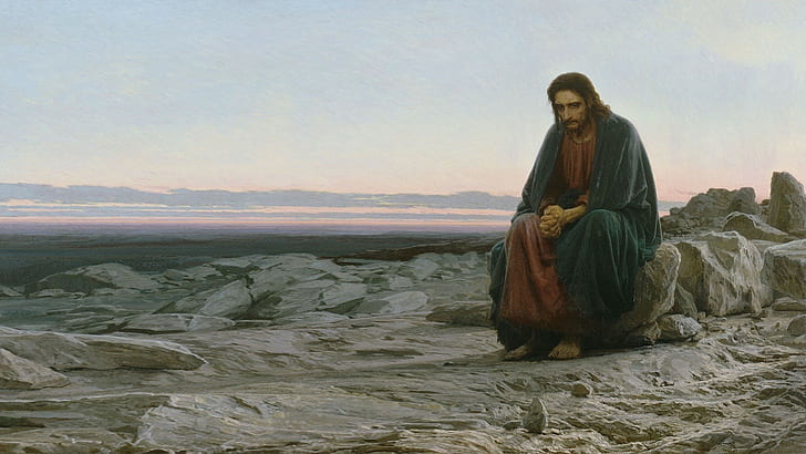 イワン・クラームスコイ裸足アートワーククラシックアート絵画イエスキリスト悲しみ一人で岩砂漠キリスト教宗教、 HDデスクトップの壁紙