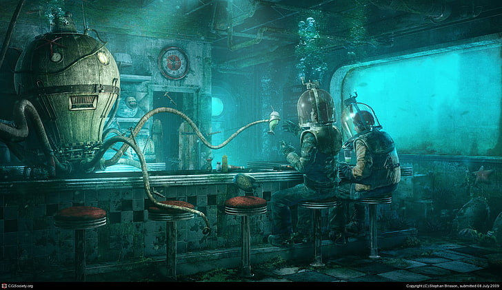 underwater restaurant illustration, underwater, restaurant, robot, octopus, fantasy art, science fiction, futuristic, cyan, milkshake, Coca-Cola, diner, HD wallpaper