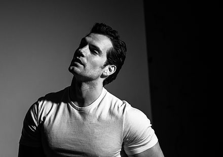 retrato, camiseta, ator, preto e branco, Henry Cavill, fitness masculino, HD papel de parede HD wallpaper