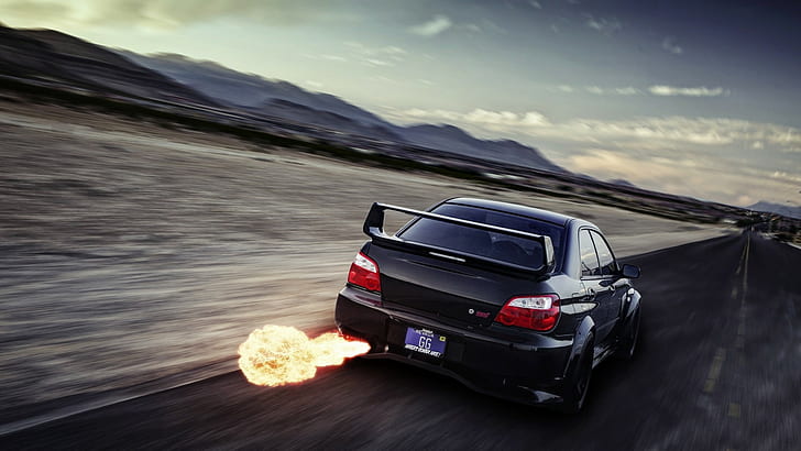 Subaru WRX STI Backfire Flame Motion Blur HD, cars, blur, motion, subaru, wrx, sti, flame, backfire, HD wallpaper