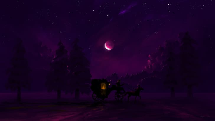 BisBiswas, digital art, carriage, horse, forest, Moon, lantern, stars, HD wallpaper