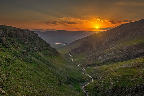 красота, кюрдистан, пейзаж, планини, природа, река, слънце, залез, HD тапет HD wallpaper