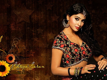 Shriya Sonal Best Photo, 여성용 빨간색과 검은 색 꽃 무늬 사리 드레스, 볼리우드 유명 인사, 여성 유명 인사, 인도 여배우, 쉬리 야, 소날, HD 배경 화면 HD wallpaper