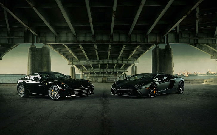 Lamborghini Aventador Ferrari 599 GTB Supercars ، سيارتان رياضيتان أسودتان ، لامبورغيني ، أفينتادور ، فيراري ، شيلت، خلفية HD
