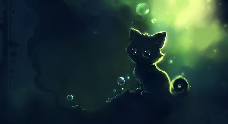 Lonely Black Kitty Painting, cat illustration, Artistic, Fantasy, Beautiful, Green, Kitten, Black, Lonely, Bubbles, Artwork, Kitty, Animal, Painting, Cute, cat painting, astonished, black cat, HD wallpaper