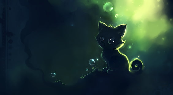 孤独な黒キティの絵、芸術、ファンタジー、美しい、緑、子猫、黒、孤独、泡、アートワーク、キティ、動物、絵画、かわいい、猫の絵、びっくり、黒猫、 HDデスクトップの壁紙 HD wallpaper