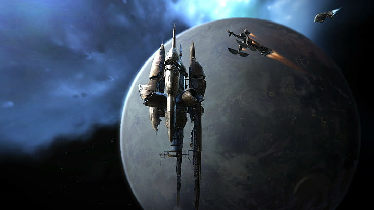 digital art space universe spaceship rockets planet stars mist fire space station fantasy art eve online, HD wallpaper