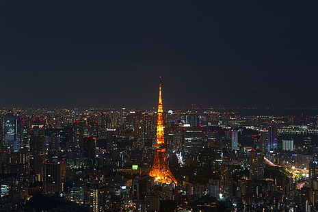 Tokyo Tower, Tokio, Azja, miasto, nocne niebo, światła, pejzaż miejski, Tapety HD HD wallpaper