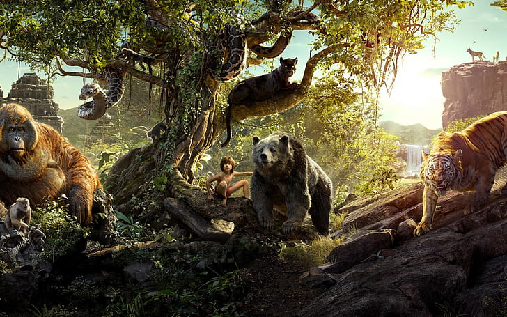 The jungle book, 2016, Bear, Gorilla, Tiger, Panther, HD wallpaper