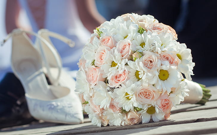 Fleurs de mariage, bouquet, roses roses et marguerite blanche, chaussures, mariage, fleurs, bouquet, rose, roses, blanc, marguerite, chaussures, Fond d'écran HD