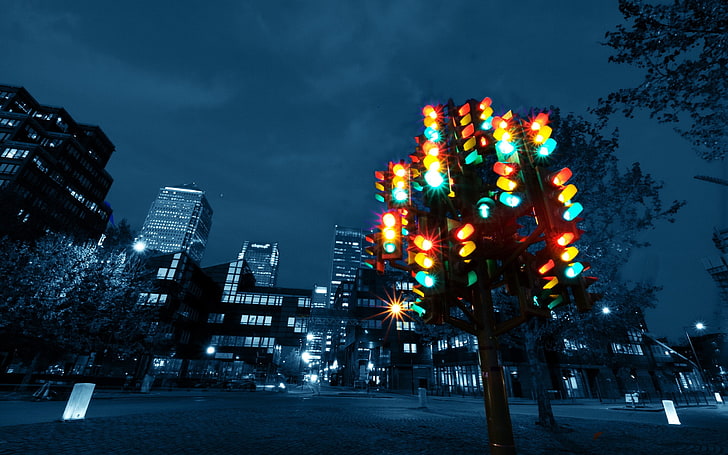черный светофор, город, светофор, ночь, разноцветный, лондон, великобритания, HD обои