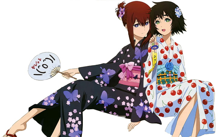 two female character wearing kimono, girl, kimono, fan, belt, barrette, HD wallpaper