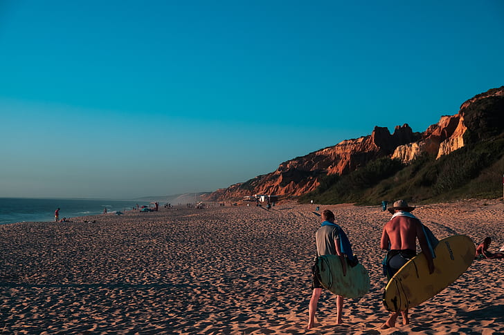 Португалия, плаж, мъже, дъски за сърф, HD тапет