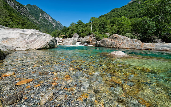 แม่น้ำ Verzasca และสวิตเซอร์แลนด์ที่มีต้นกำเนิดจาก Pico Barone และไหลลงสู่ Maggiore Turquoise Clear Water วอลล์เปเปอร์แนวหินสดใสสำหรับเดสก์ท็อป 1920 × 1200, วอลล์เปเปอร์ HD