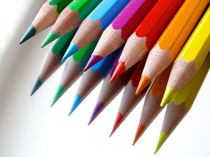 assorted-color pencils, colored pencils, sharpened, reflection, HD wallpaper