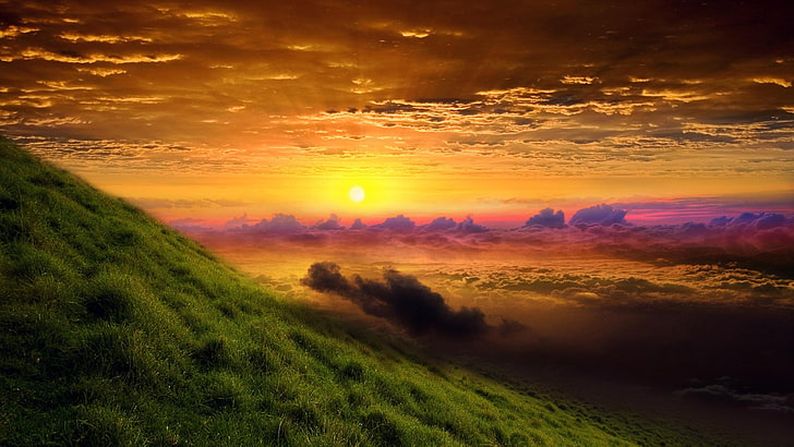 sunrise, orange sky, hillside, steep, grass, clouds, HD wallpaper