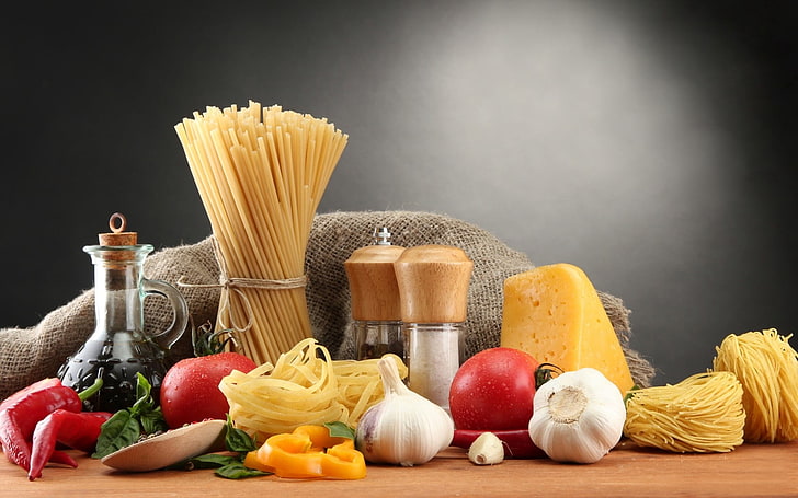 pasta and spices, cheese, pepper, chili, garlic, pasta, noodles, salt, spices, spaghetti, tomatoes, food, HD wallpaper