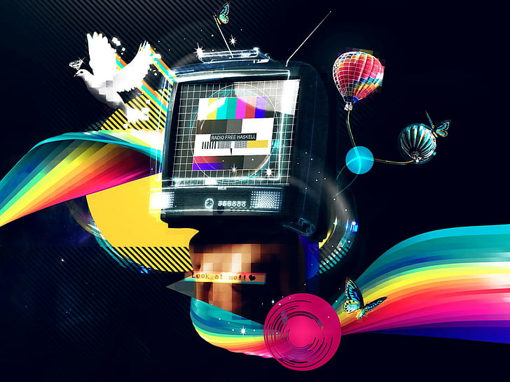 abstract doves colorful butterfly hot air balloons test patterns television sets, HD wallpaper