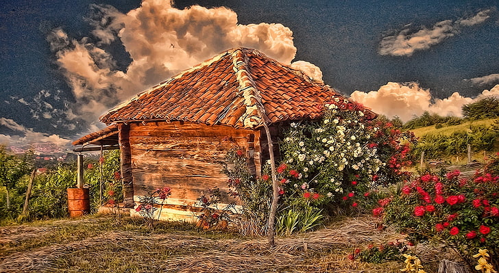 Hut With Roses, brown wooden house and flowers painting, Artistic, Drawings, Landscape, Roses, HD wallpaper