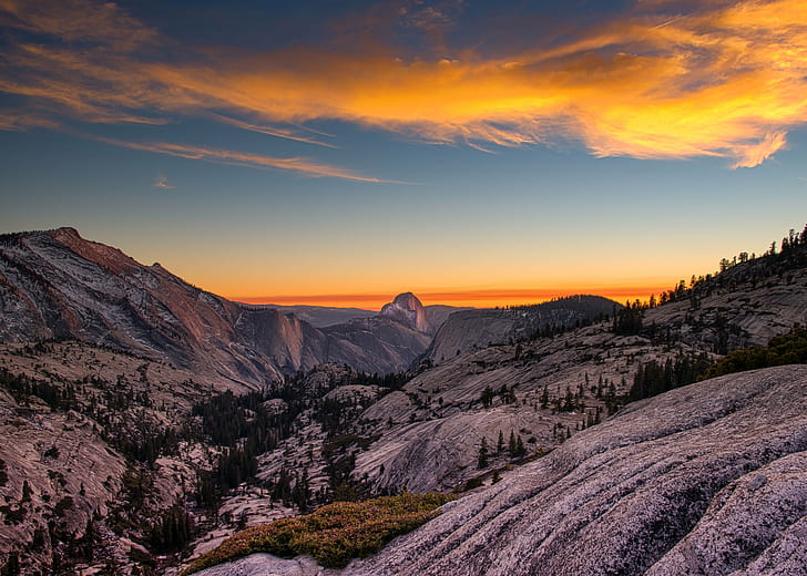 trees on mountain during daytime, Half Dome, Sunset Panorama, trees, mountain, daytime, yosemite, nature, sunset, landscape, mountain Peak, scenics, sunrise - Dawn, sky, outdoors, snow, beauty In Nature, travel, rock - Object, sunlight, sun, valley, hill, winter, HD wallpaper