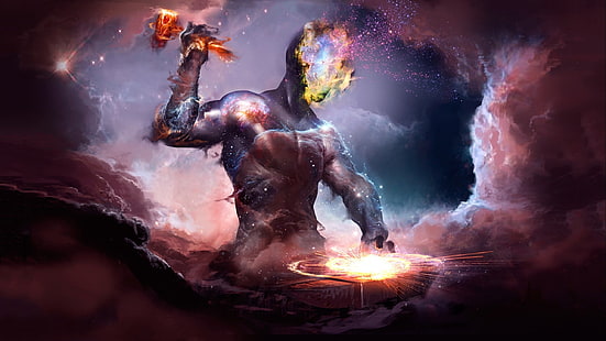Greek god illustration, person forging weapon on anvil, artwork, fantasy art, digital art, galaxy, space, life, creativity, colorful, HD wallpaper HD wallpaper