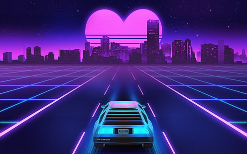 Artistic, Retro Wave, Car, Chillwave, DeLorean, Heart, Heart-Shaped, Neon, Town, Vaporwave, วอลล์เปเปอร์ HD HD wallpaper