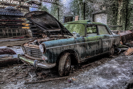 car, wreck, vehicle, peugeot 404, HD wallpaper HD wallpaper