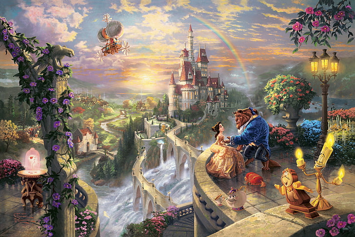 Beauty and the Beast wallpaper, trees, love, sunset, flowers, bridge, castle, watch, waterfall, rainbow, candles, art, pair, lantern, balcony, Prince, rose, fantasy, Thomas Kinkade, Belle, love story, Disney, fairytale, Beauty and the Beast, 50-th anniversary, The Disney dreams collection, chandelier, Cocksworth, magic rose, Lumiere, Beauty and the Beast falling in love, HD wallpaper