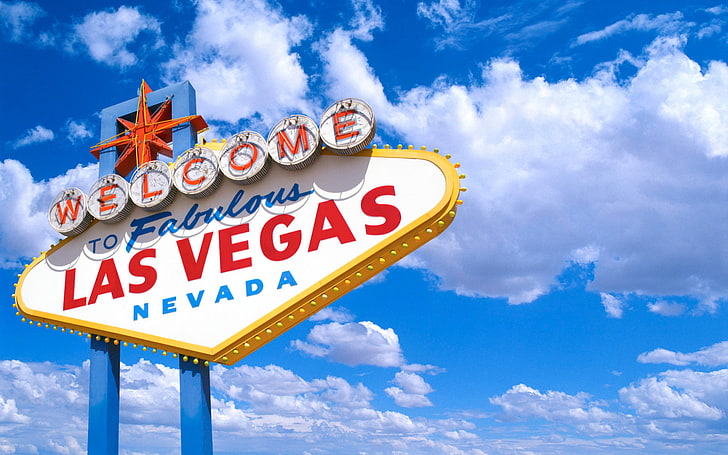 sinalização branca, azul e vermelha, nuvens, Las Vegas, Nevada, HD papel de parede