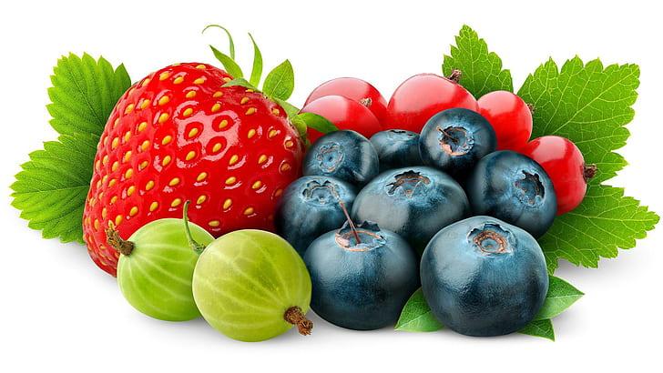 Frutti di bosco, mirtilli, bacche, bacche, fragole, frutta, 3d e astratto, Sfondo HD