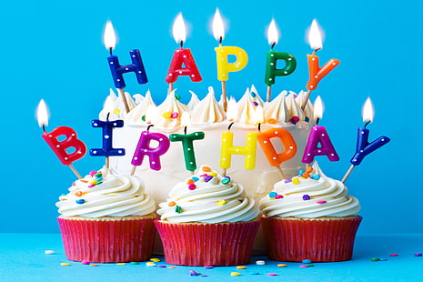 candele, colorato, arcobaleno, torta, crema, buon compleanno, colori, cupcake, celebrazione, cupcakes, decorazione, candela, compleanno, Sfondo HD HD wallpaper