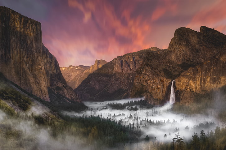 Yosemite Ulusal Parkı, Yosemite Vadisi, doğa, dağlar, bulutlar, sis, ağaçlar, orman, HD masaüstü duvar kağıdı