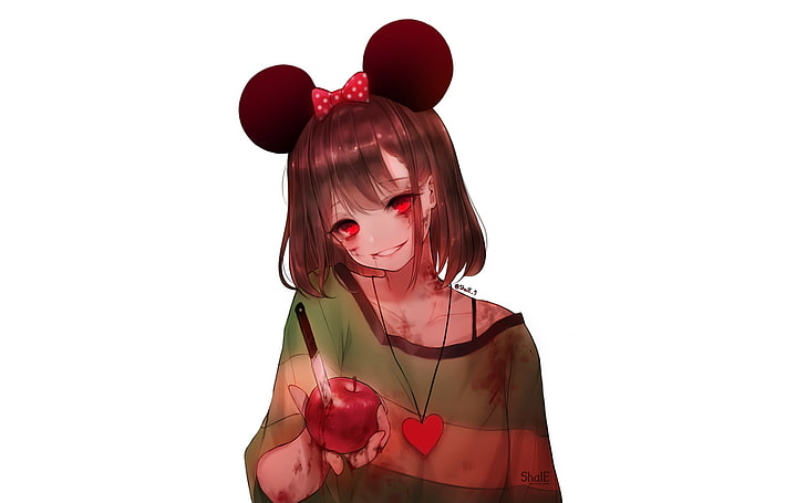 niña yandere, manzana, cuchillo, sonrisa, ojos rojos, cinta, Anime, Fondo de pantalla HD