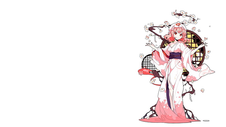 papel de parede digital de personagem de anime feminino, Saigyouji Yuyuko, Touhou, meninas anime, videogames, cabelo curto, cabelo rosa, chapéu, franja, olhos vermelhos, sorrindo, rubor, quimono, roupas japonesas, vestido rosa, flor de cerejeira, ramo, fundo simples,fundo branco, HD papel de parede