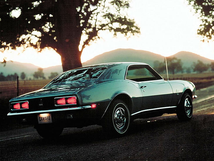 1969 Camaro SS, Autos, Bäume, Berge, schwarzes Muscle-Car, 1969 Camaro SS, Autos, Bäume, Berge, HD-Hintergrundbild