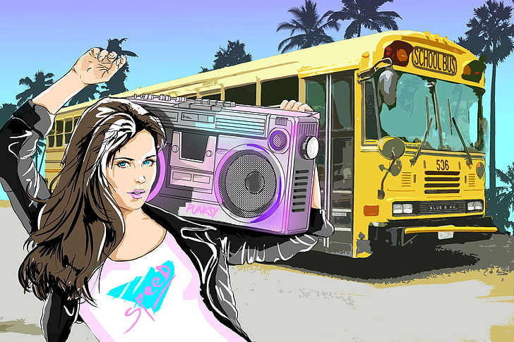 автобуси, произведения на изкуството, жени, Retrowave, HD тапет