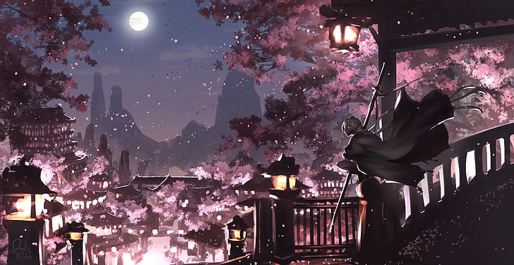 Anime, Original, Tresse, Cape, Fleur de cerisier, Lanterne, Cheveux longs, Lune, Cheveux blancs, Fond d'écran HD