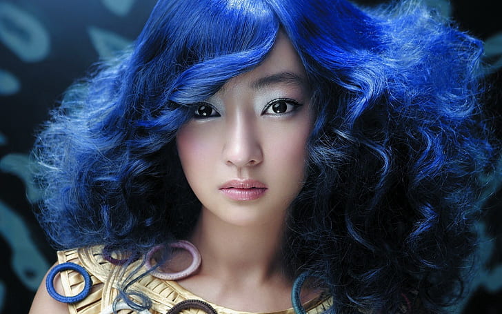 아름 다운 파란 머리 아시아 여자, 여자의 파란 머리, 아름 다운, 블루, 아시아, 소녀, HD 배경 화면
