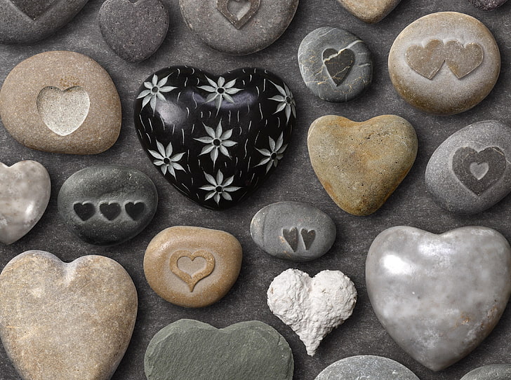 assorted stone decor lot, heart, rocks, attributes, crafts, love, HD wallpaper