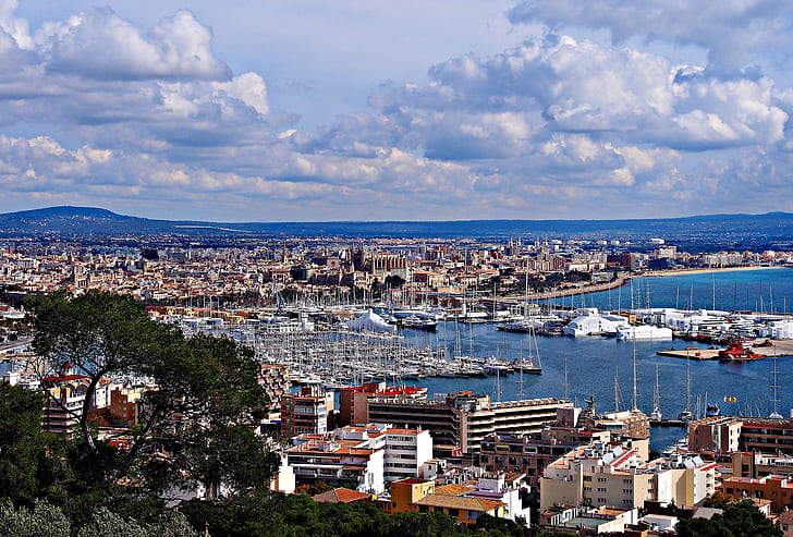 sea, the sky, home, Bay, port, Spain, Palma de Mallorca, HD wallpaper