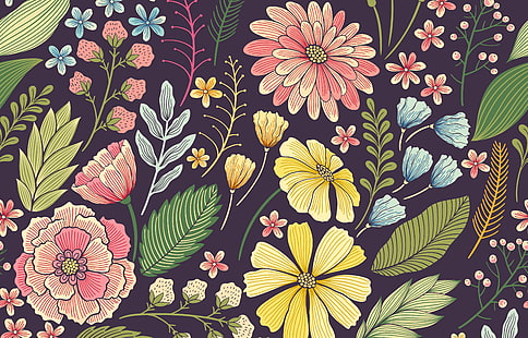 цветы разных цветов иллюстрации, цветы, узор, бесшовные, цветочные, HD обои HD wallpaper